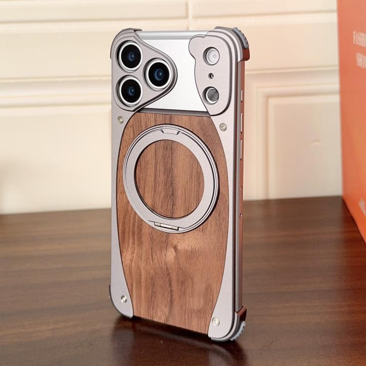 For iPhone 17 Pro Walnut Metal Frameless 360 Degree Rotation Holder MagSafe Phone Case