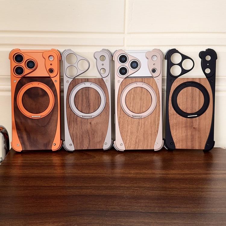 For iPhone 17 Pro Walnut Metal Frameless 360 Degree Rotation Holder MagSafe Phone Case