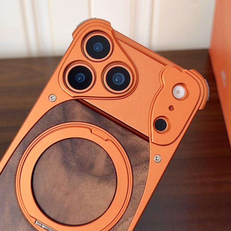 For iPhone 17 Pro Max Walnut Metal Frameless 360 Degree Rotation Holder MagSafe Phone Case