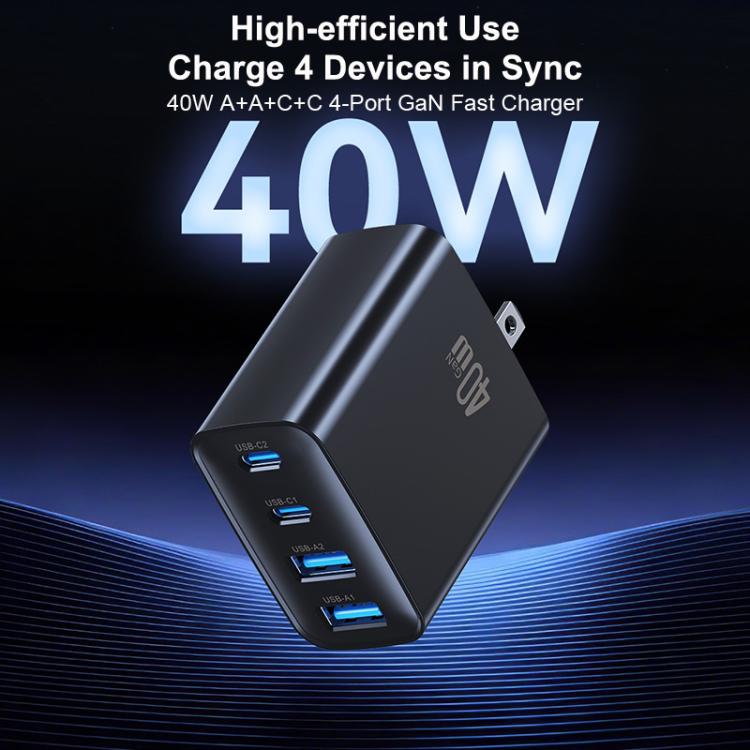 USAMS CC331 T70 40W Dual USB-A and Dual USB-C / Type-C 4-Port GaN Fast Charger, Plug:US Plug - Black
