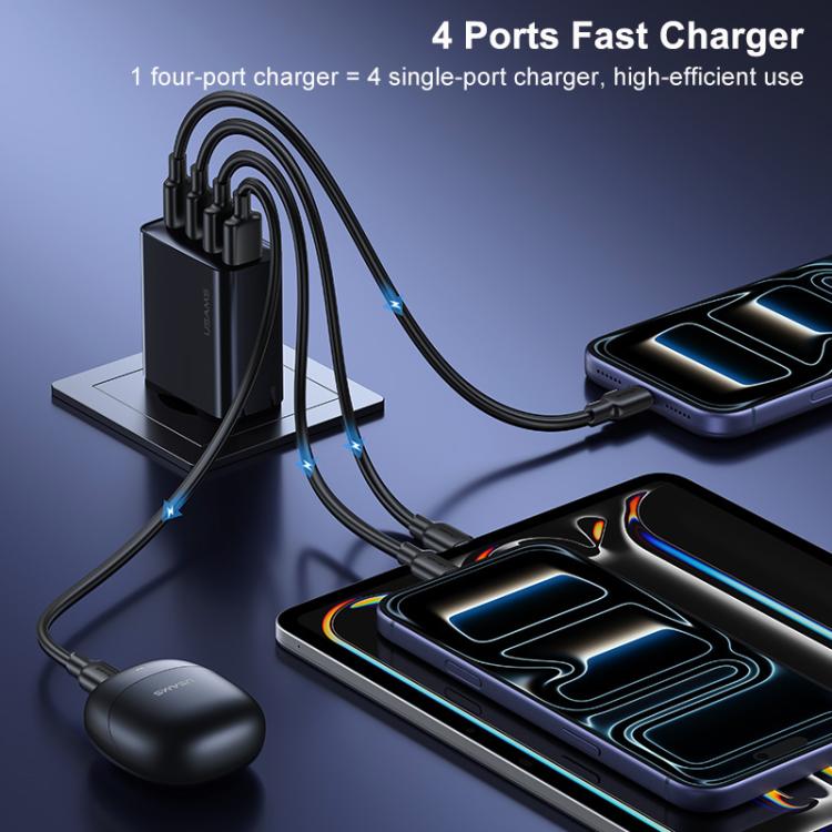 USAMS CC331 T70 40W Dual USB-A and Dual USB-C / Type-C 4-Port GaN Fast Charger, Plug:US Plug - Black