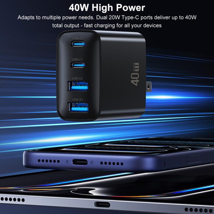 USAMS CC331 T70 40W Dual USB-A and Dual USB-C / Type-C 4-Port GaN Fast Charger, Plug:US Plug - Black