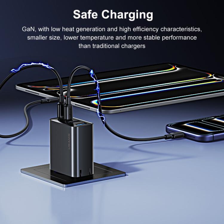USAMS CC331 T70 40W Dual USB-A and Dual USB-C / Type-C 4-Port GaN Fast Charger, Plug:US Plug - Black