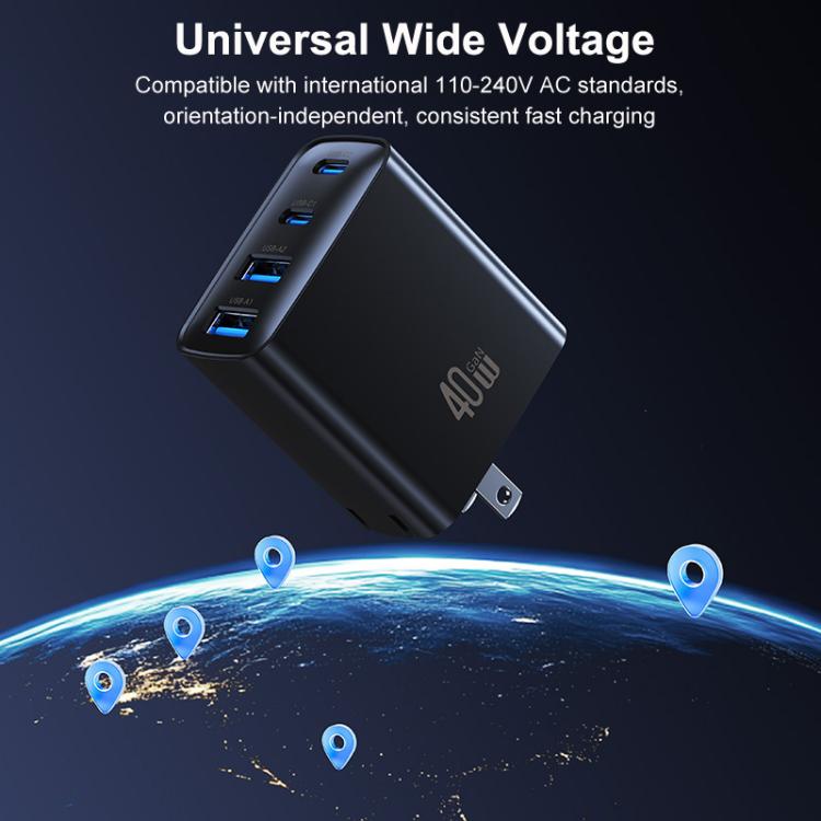 USAMS CC331 T70 40W Dual USB-A and Dual USB-C / Type-C 4-Port GaN Fast Charger, Plug:US Plug - Black