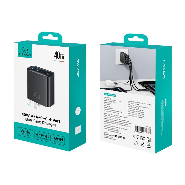 USAMS CC331 T70 40W Dual USB-A and Dual USB-C / Type-C 4-Port GaN Fast Charger, Plug:US Plug - Black
