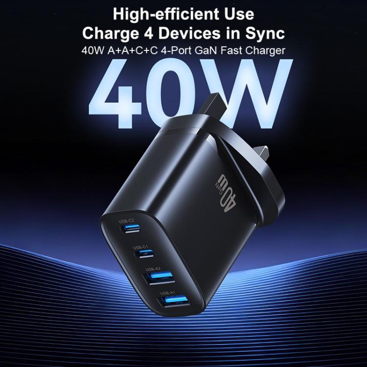 USAMS CC332 T70 40W Dual USB-A and Dual USB-C / Type-C 4-Port GaN Fast Charger, Plug:UK Plug - Black
