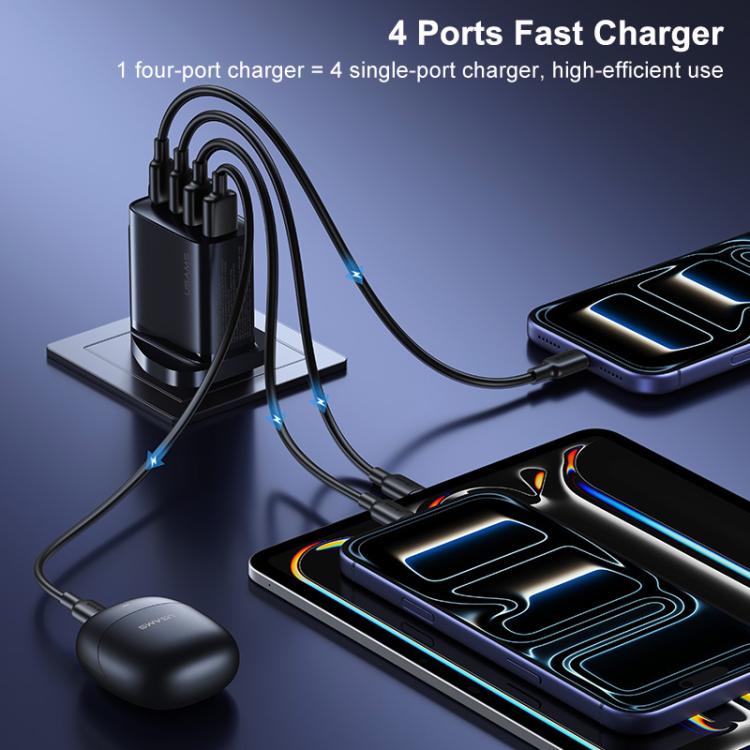 USAMS CC332 T70 40W Dual USB-A and Dual USB-C / Type-C 4-Port GaN Fast Charger, Plug:UK Plug - Black