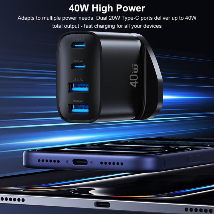 USAMS CC332 T70 40W Dual USB-A and Dual USB-C / Type-C 4-Port GaN Fast Charger, Plug:UK Plug - Black