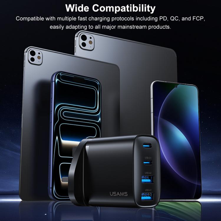USAMS CC332 T70 40W Dual USB-A and Dual USB-C / Type-C 4-Port GaN Fast Charger, Plug:UK Plug - Black