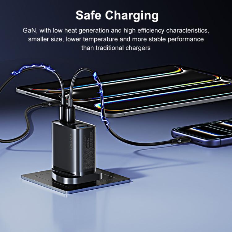 USAMS CC332 T70 40W Dual USB-A and Dual USB-C / Type-C 4-Port GaN Fast Charger, Plug:UK Plug - Black