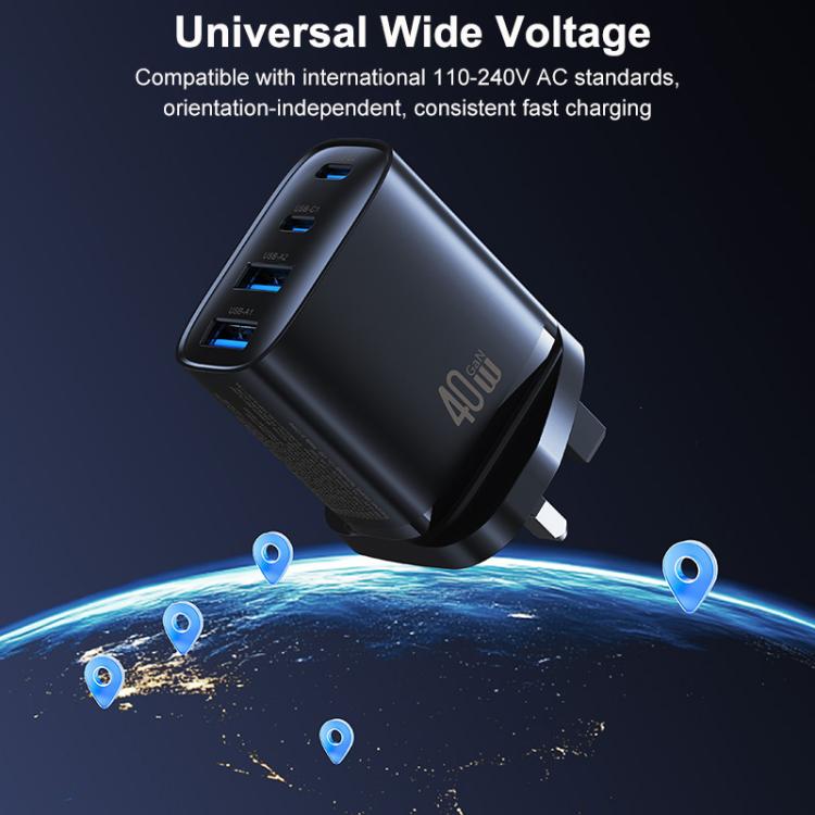 USAMS CC332 T70 40W Dual USB-A and Dual USB-C / Type-C 4-Port GaN Fast Charger, Plug:UK Plug - Black