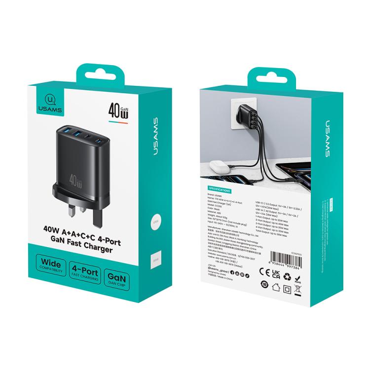 USAMS CC332 T70 40W Dual USB-A and Dual USB-C / Type-C 4-Port GaN Fast Charger, Plug:UK Plug - Black