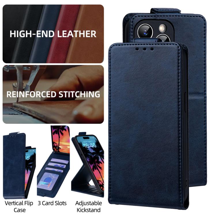 For iPhone 14 Plus Vertical Flip Cover Solid Color Vegan Leather Phone Case with Crossbody Chain