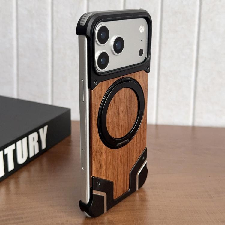 For iPhone 17 Pro Max Armor Walnut Wood Metal Frameless 360 Rotation Holder Magnetic Phone Case