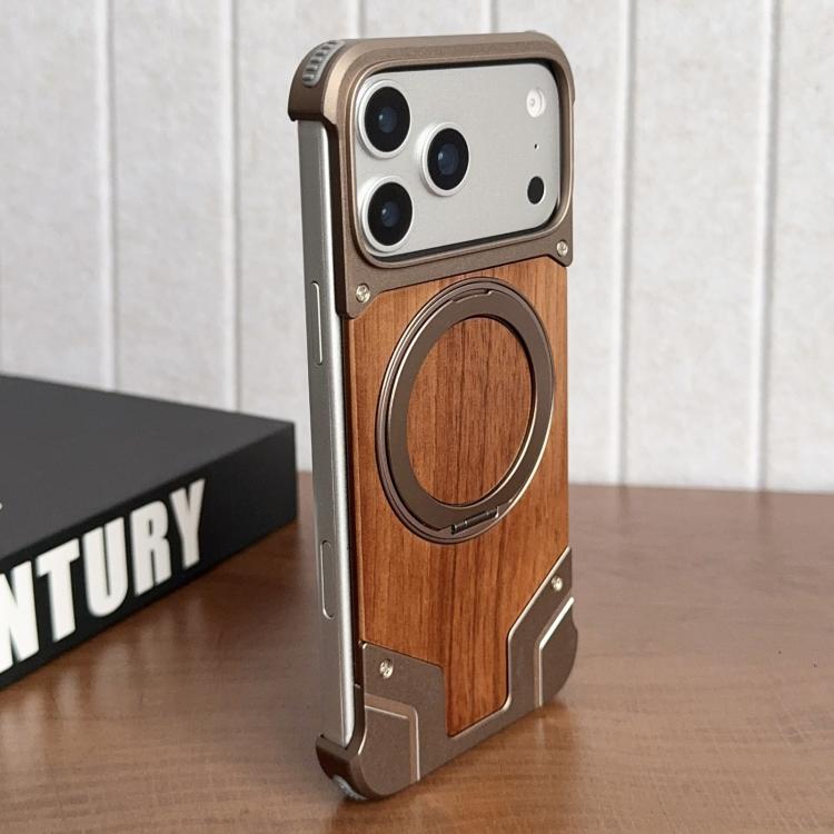 For iPhone 17 Pro Max Armor Walnut Wood Metal Frameless 360 Rotation Holder Magnetic Phone Case