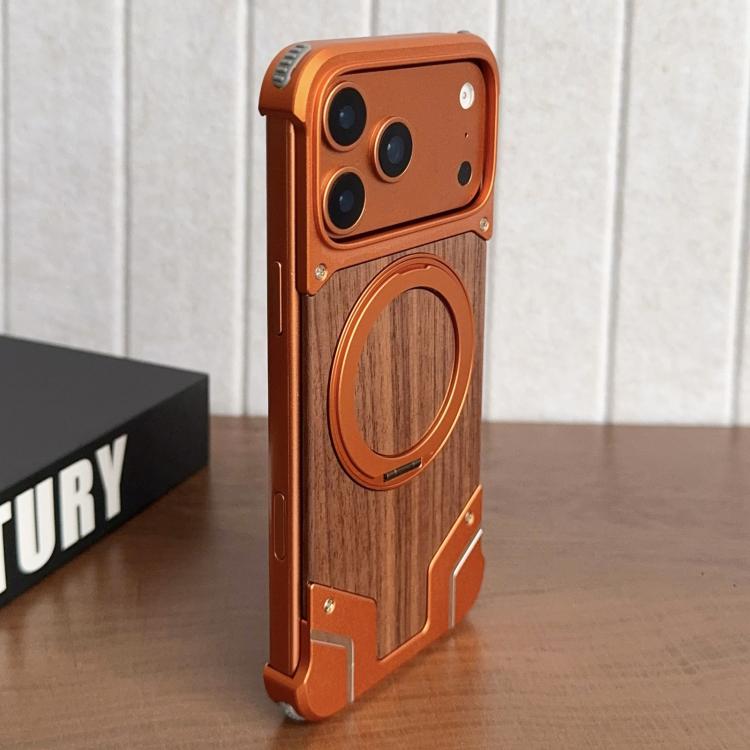For iPhone 17 Pro Max Armor Walnut Wood Metal Frameless 360 Rotation Holder Magnetic Phone Case