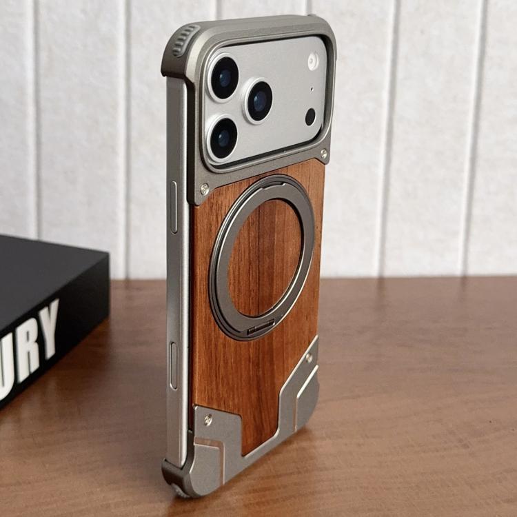 For iPhone 17 Pro Armor Walnut Wood Metal Frameless 360 Rotation Holder Magnetic Phone Case