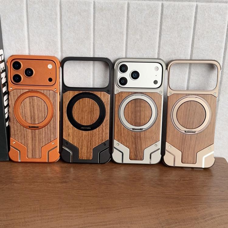 For iPhone 17 Pro Max Armor Walnut Wood Metal Frameless 360 Rotation Holder Magnetic Phone Case