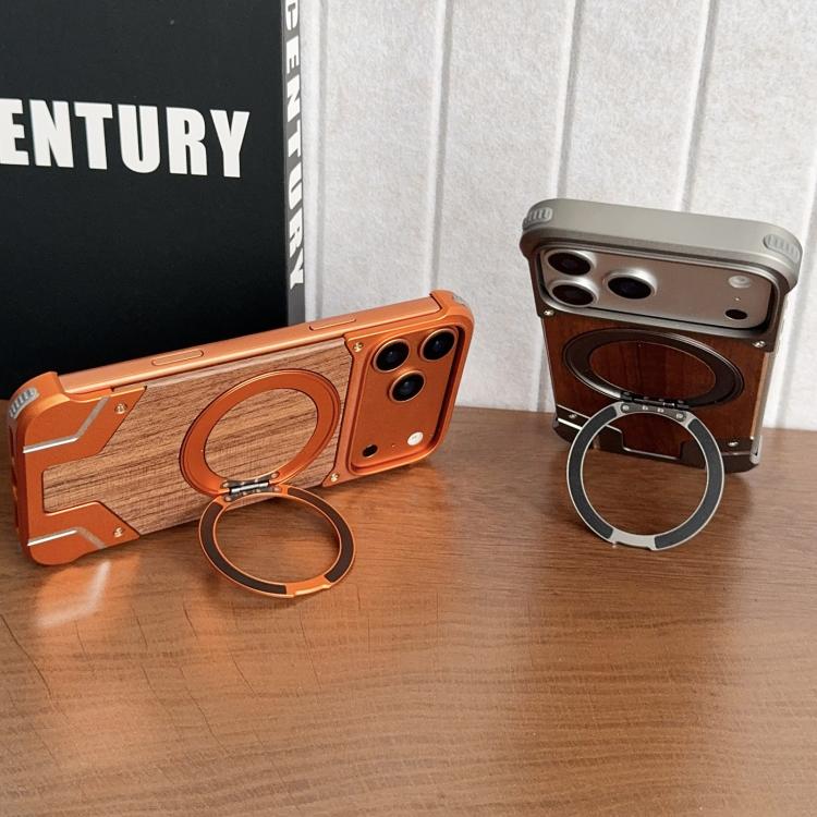 For iPhone 17 Pro Armor Walnut Wood Metal Frameless 360 Rotation Holder Magnetic Phone Case