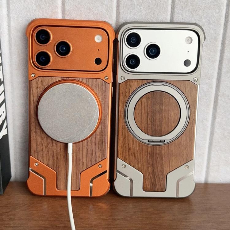 For iPhone 17 Pro Armor Walnut Wood Metal Frameless 360 Rotation Holder Magnetic Phone Case