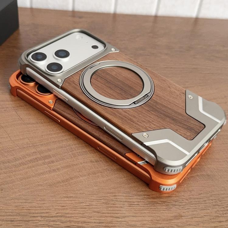 For iPhone 17 Pro Armor Walnut Wood Metal Frameless 360 Rotation Holder Magnetic Phone Case