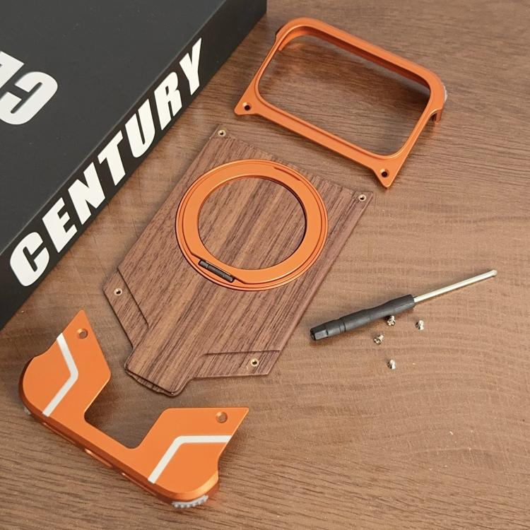 For iPhone 17 Pro Armor Walnut Wood Metal Frameless 360 Rotation Holder Magnetic Phone Case