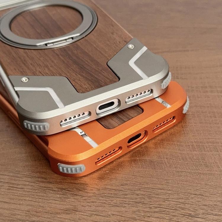 For iPhone 17 Pro Armor Walnut Wood Metal Frameless 360 Rotation Holder Magnetic Phone Case