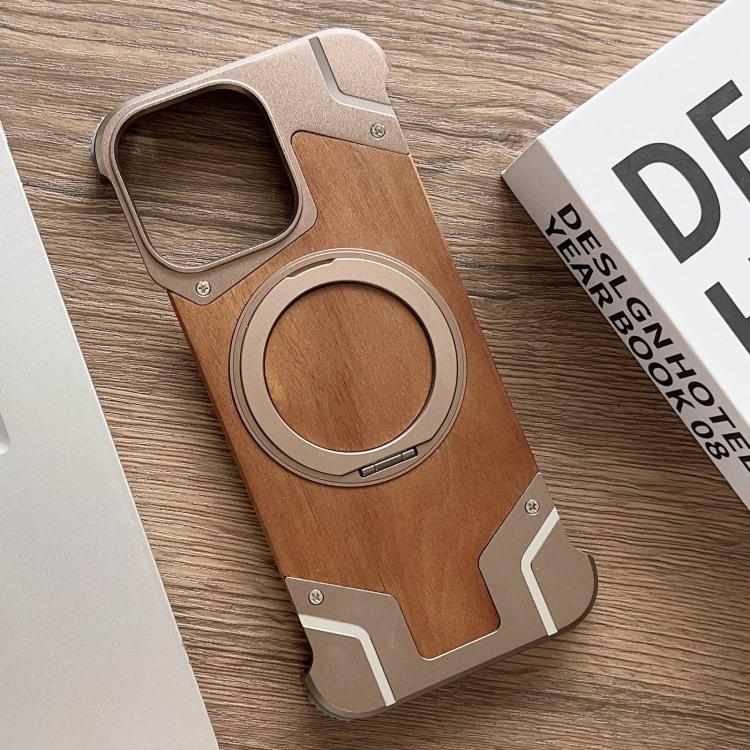 For iPhone 16 Pro Armor Walnut Wood Metal Frameless 360 Rotation Holder Magnetic Phone Case