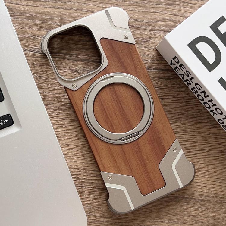 For iPhone 15 Pro Max Armor Walnut Wood Metal Frameless 360 Rotation Holder Magnetic Phone Case