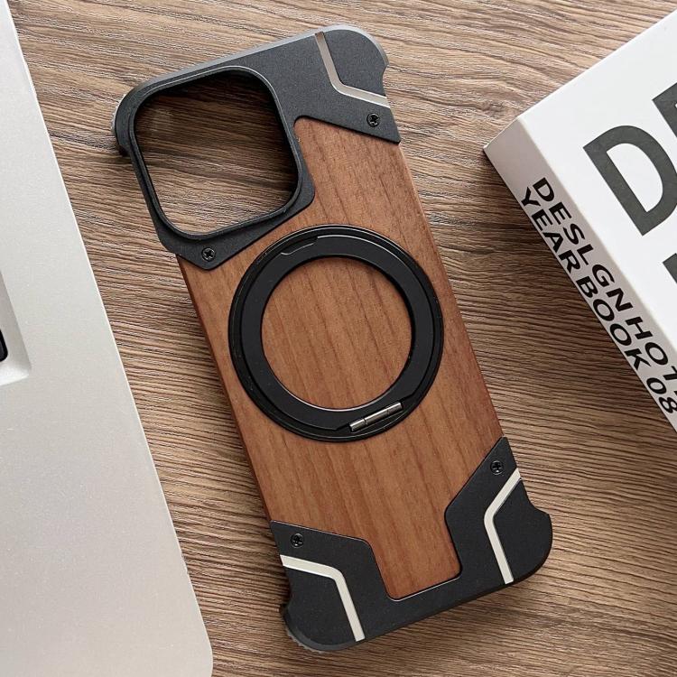 For iPhone 15 Pro Armor Walnut Wood Metal Frameless 360 Rotation Holder Magnetic Phone Case