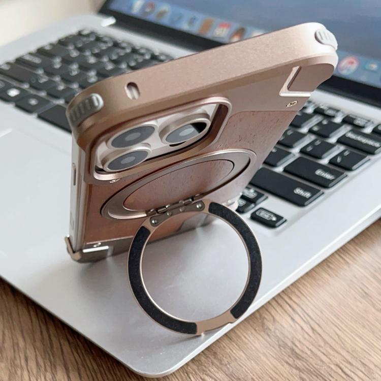 For iPhone 15 Pro Armor Walnut Wood Metal Frameless 360 Rotation Holder Magnetic Phone Case