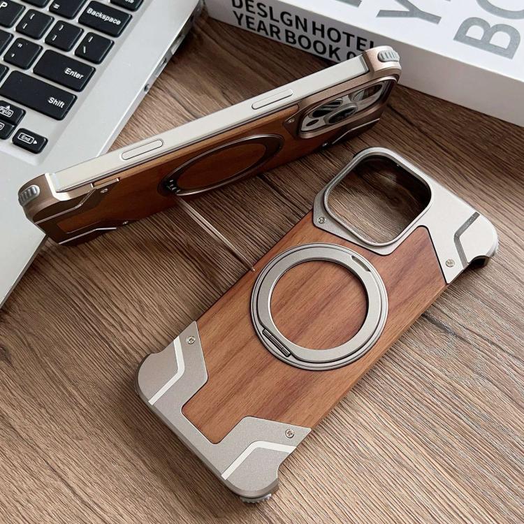 For iPhone 15 Pro Armor Walnut Wood Metal Frameless 360 Rotation Holder Magnetic Phone Case