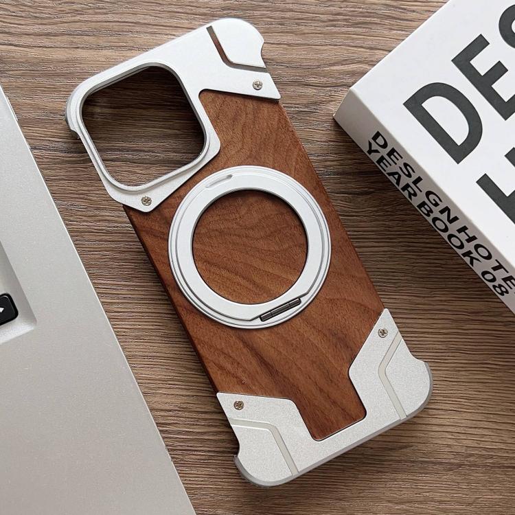 For iPhone 14 Pro Armor Walnut Wood Metal Frameless 360 Rotation Holder Magnetic Phone Case