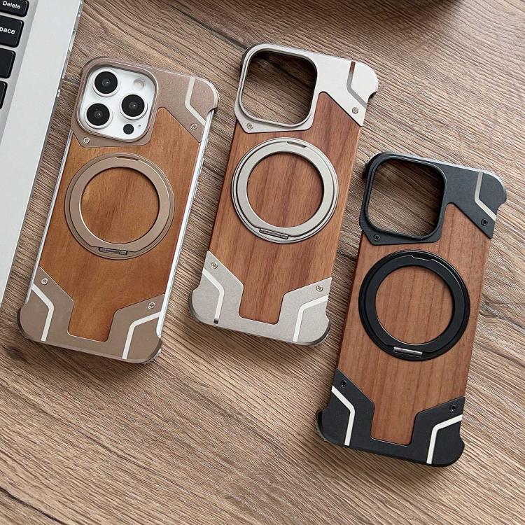 For iPhone 14 Pro Max Armor Walnut Wood Metal Frameless 360 Rotation Holder Magnetic Phone Case