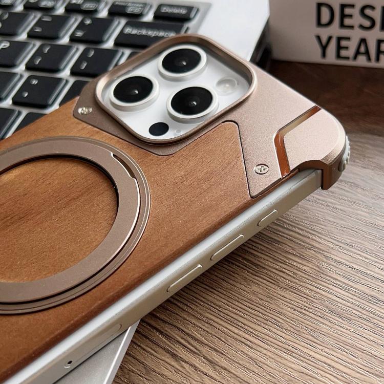 For iPhone 14 Pro Armor Walnut Wood Metal Frameless 360 Rotation Holder Magnetic Phone Case