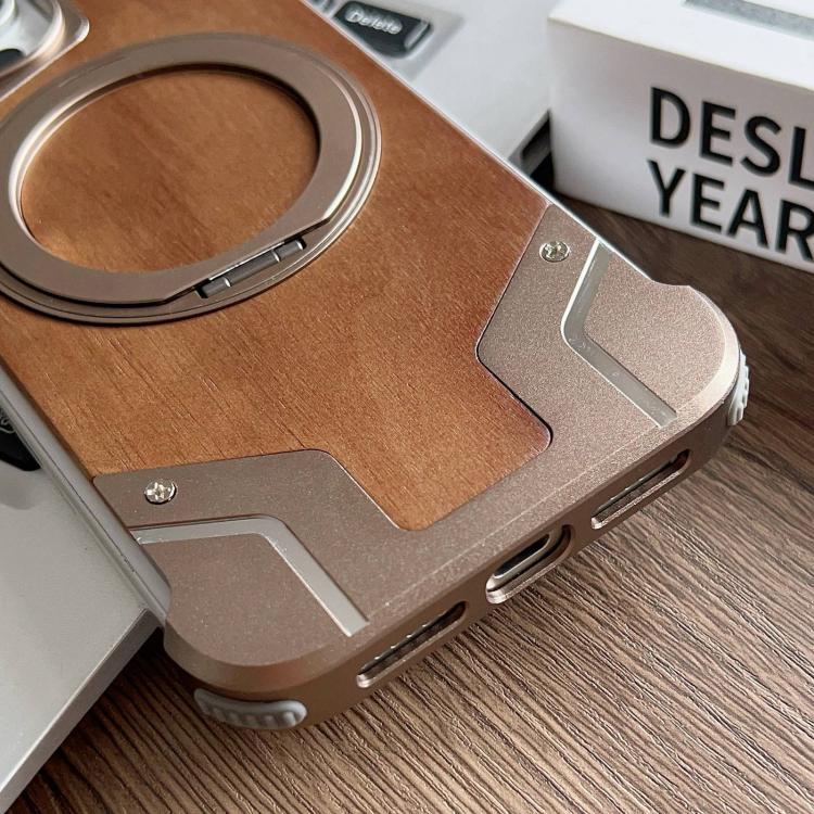 For iPhone 13 Pro Max Armor Walnut Wood Metal Frameless 360 Rotation Holder Magnetic Phone Case