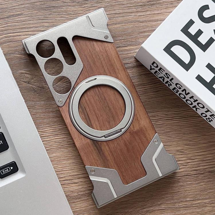For Samsung Galaxy S25 Ultra 5G Armor Walnut Wood Metal Frameless 360 Rotation Holder Magnetic Phone Case