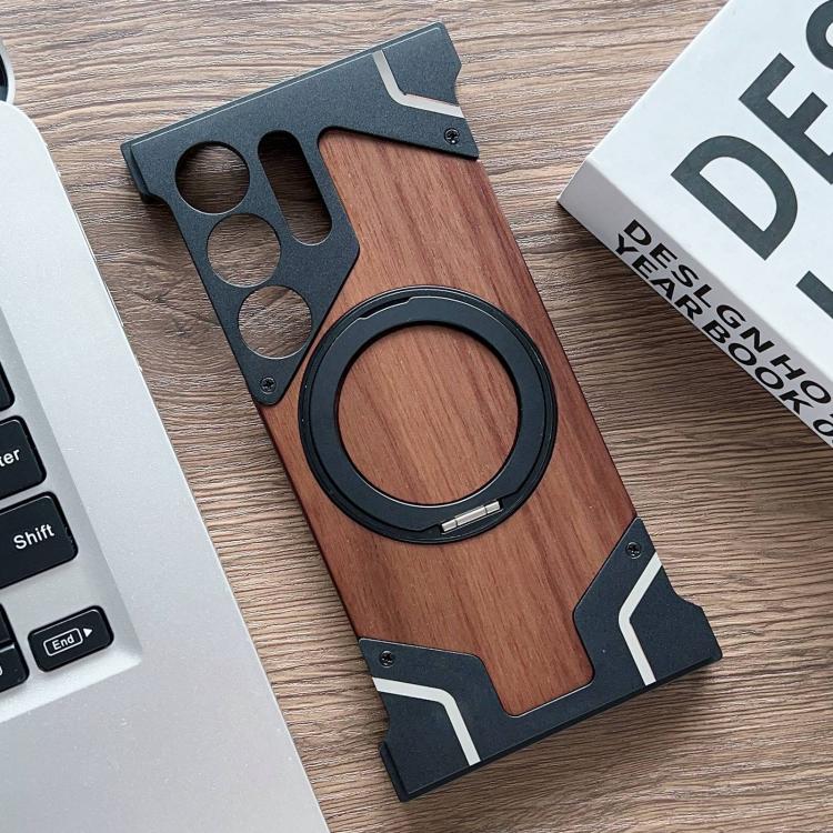 For Samsung Galaxy S25 Ultra 5G Armor Walnut Wood Metal Frameless 360 Rotation Holder Magnetic Phone Case