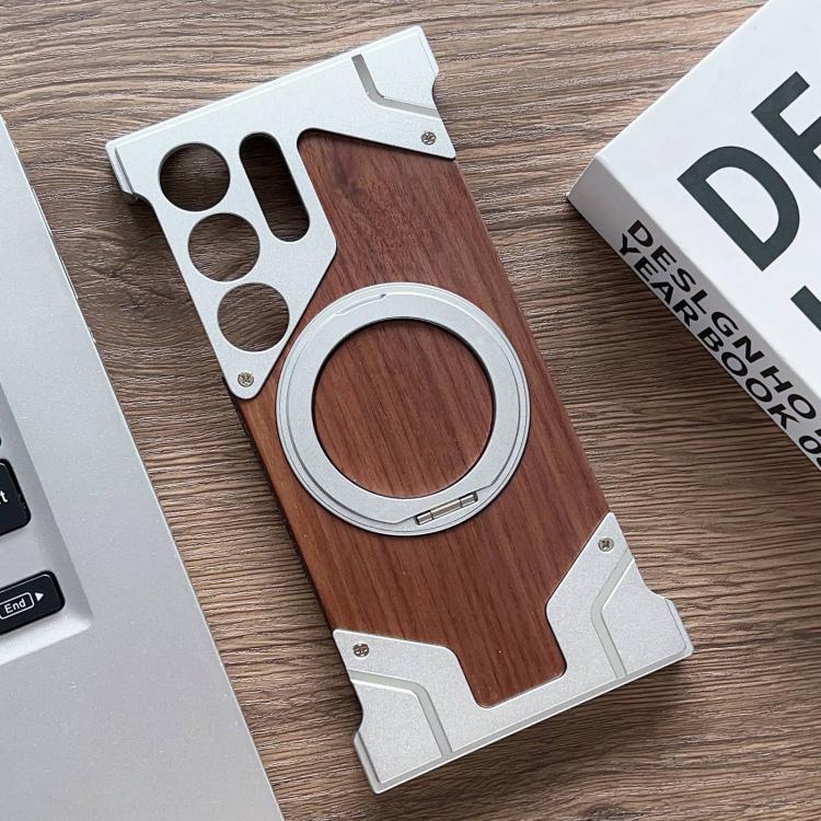 For Samsung Galaxy S25 Ultra 5G Armor Walnut Wood Metal Frameless 360 Rotation Holder Magnetic Phone Case
