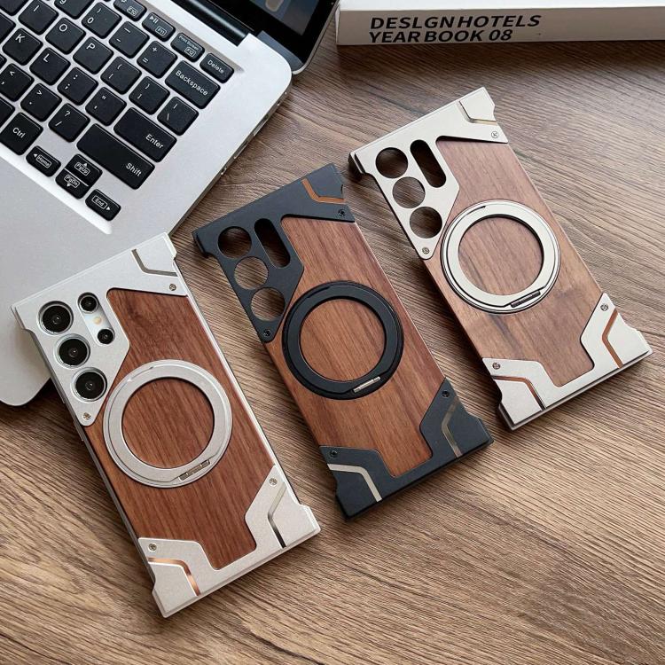 For Samsung Galaxy S25 Ultra 5G Armor Walnut Wood Metal Frameless 360 Rotation Holder Magnetic Phone Case