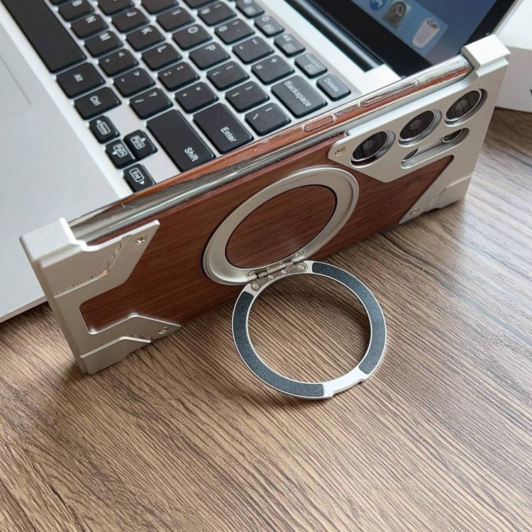 For Samsung Galaxy S24 Ultra 5G Armor Walnut Wood Metal Frameless 360 Rotation Holder Magnetic Phone Case