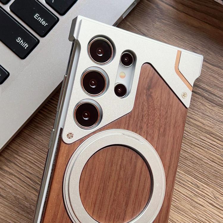 For Samsung Galaxy S24 Ultra 5G Armor Walnut Wood Metal Frameless 360 Rotation Holder Magnetic Phone Case