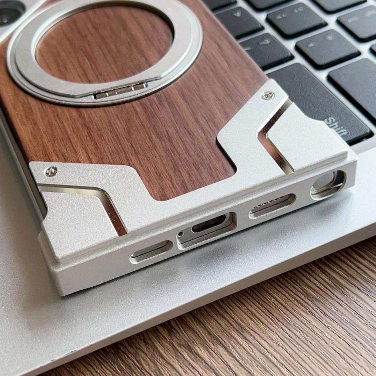 For Samsung Galaxy S25 Ultra 5G Armor Walnut Wood Metal Frameless 360 Rotation Holder Magnetic Phone Case
