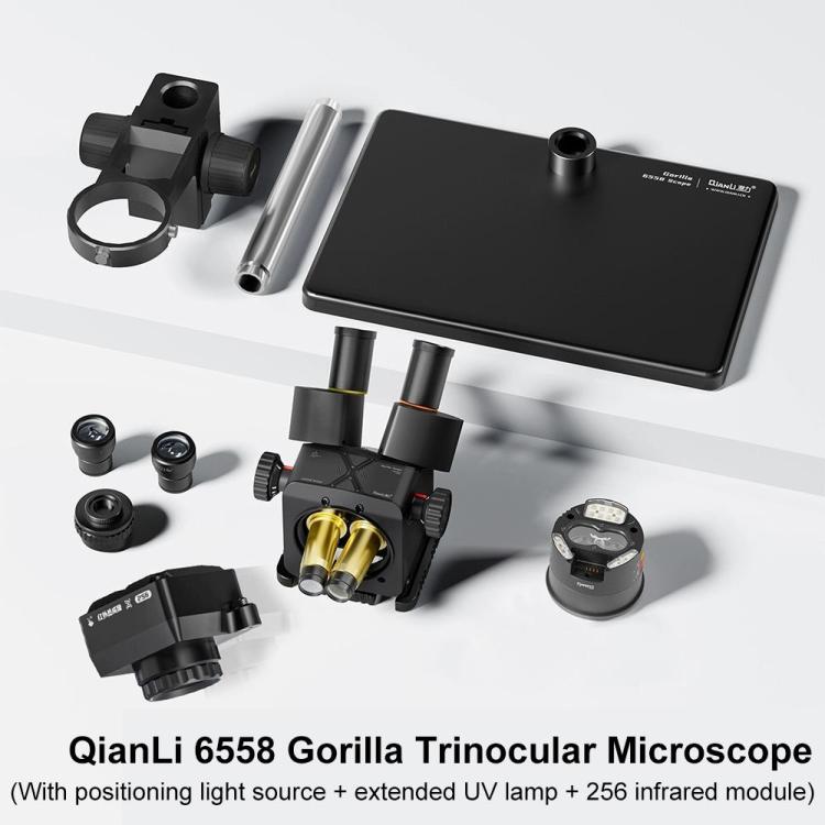 QianLi 6558 6.5X-58X Gorilla Trinocular Microscope with Light Source + UV Lamp + 256 IR Module, Plug:EU Plug