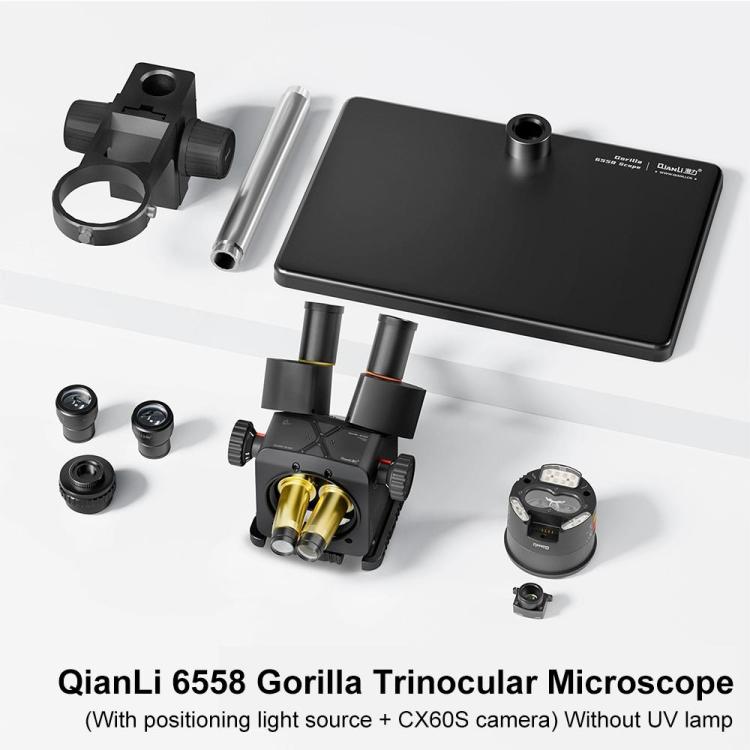 QianLi 6558 6.5X-58X Gorilla Trinocular Microscope with Light Source + CX60S Camera, Plug:EU Plug