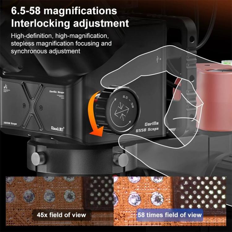 QianLi 6558 6.5X-58X Gorilla Trinocular Microscope with Light Source + CX60S Camera, Plug:EU Plug
