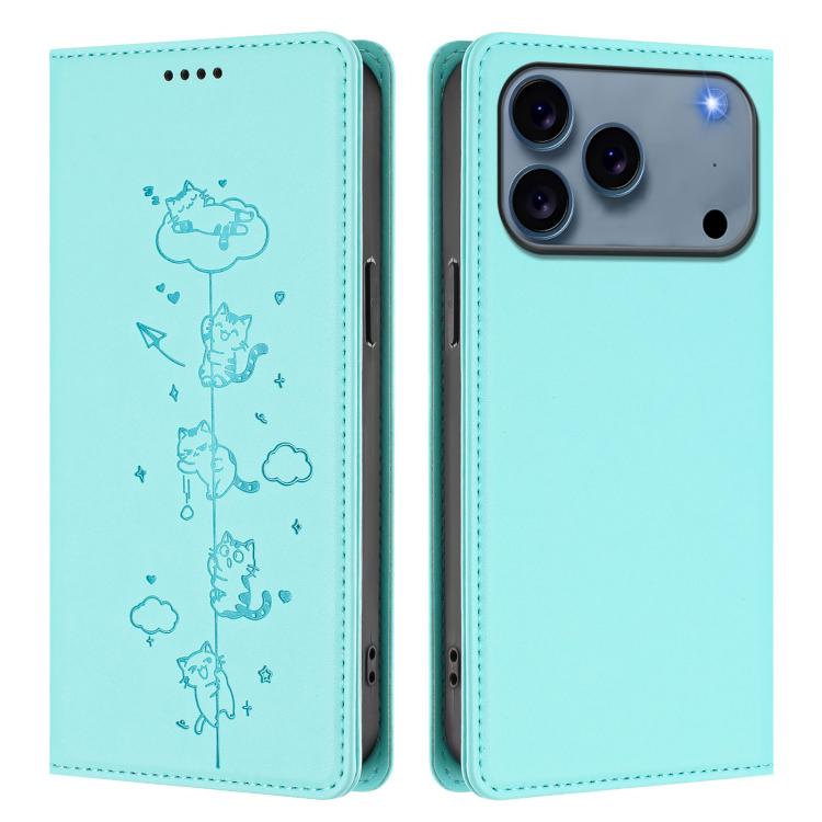 For iPhone 17 Pro Max Cute Cats Embossed Magnetic RFID Vegan Leather Phone Case