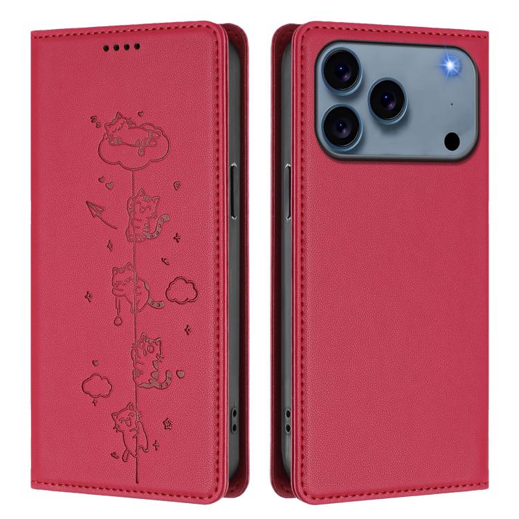 For iPhone 17 Pro Max Cute Cats Embossed Magnetic RFID Vegan Leather Phone Case