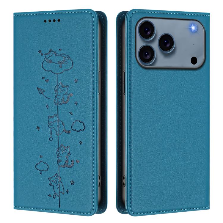 For iPhone 17 Pro Max Cute Cats Embossed Magnetic RFID Vegan Leather Phone Case