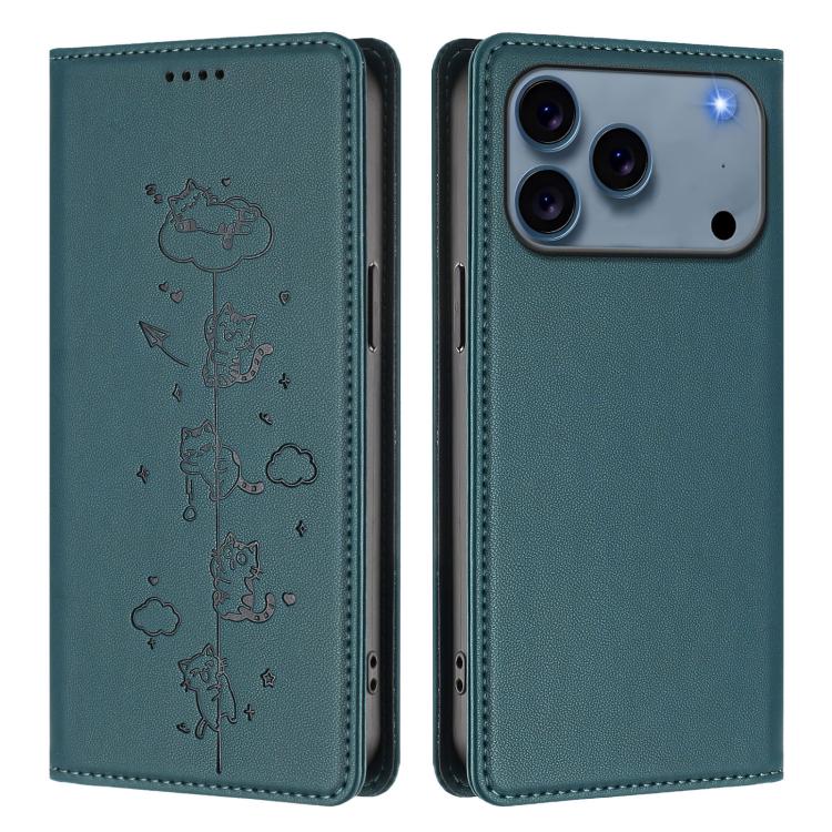 For iPhone 17 Pro Max Cute Cats Embossed Magnetic RFID Vegan Leather Phone Case
